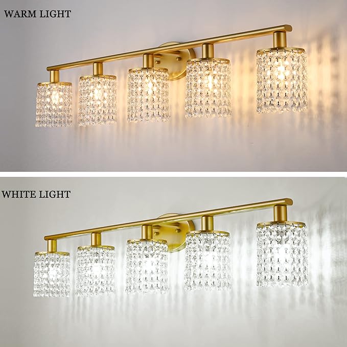 5-Light Vanity Light, Crystal Gold Vanity Lights Over Mirror, Gold Bathroom Light Fixtures