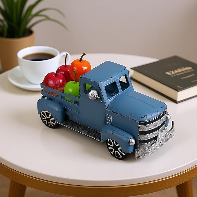 Metal Truck Decor with Christmas Fruit, Blue Vintage Farm Pickup Farmhouse Tabletop Tiered Tray Decorations, Rustic for Home Kitchen Table Top (Light Blue)