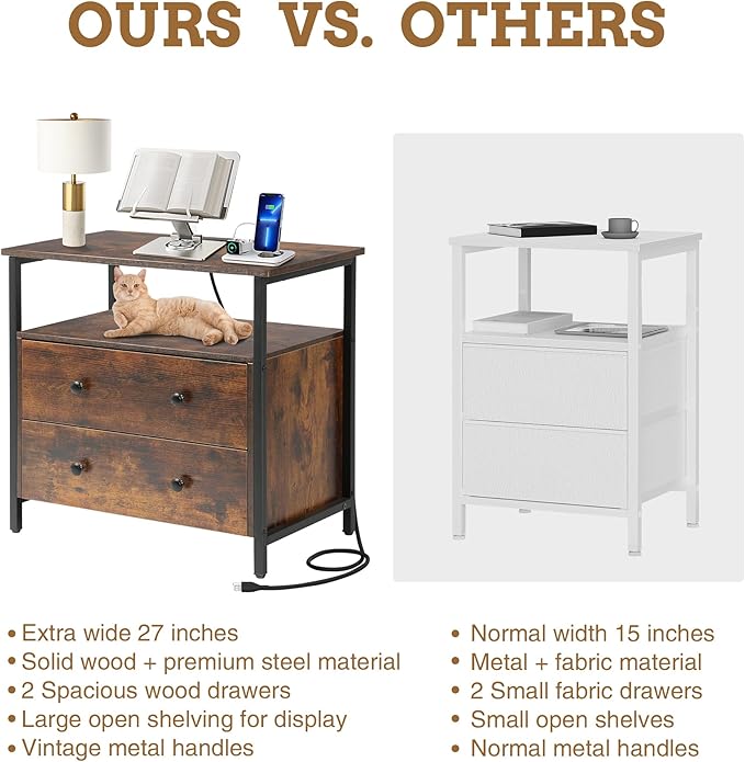 27 inch Wide Night Stand Set 2 with Charging Station, Bedside Table with Open Shelf, 2 Drawers Small Wood Dresser, Modern Wood Nightstand for Bedroom/Living Room (Retro Brown)