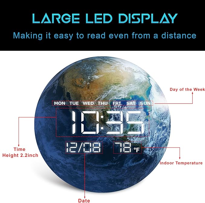 Digital Wall Clock, LED Moon/Earth Design, Temperature Display, 7.87 x 7.87 inches (Earth, 12.59 INCH)