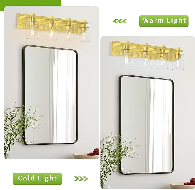 Espird Bathroom Vanity Light, 4 Light Gold Light Fixture with Thickened Clear Glass Shade, 24 inch Modern Wall Sconce,Vanity Light Over Mirror for