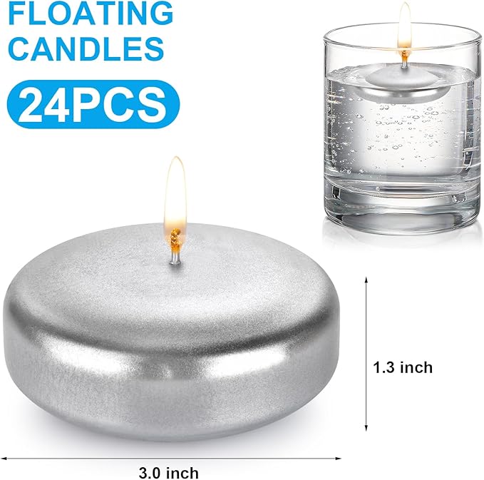 Floating Candles 3 Inch Unscented Dripless Wax 13-15Hours Burning,24 Pack Wedding Party Candles,for Centerpieces Suitable for Cylindrical Vases,Swimming Pool,Restaurant Decor (Silver)