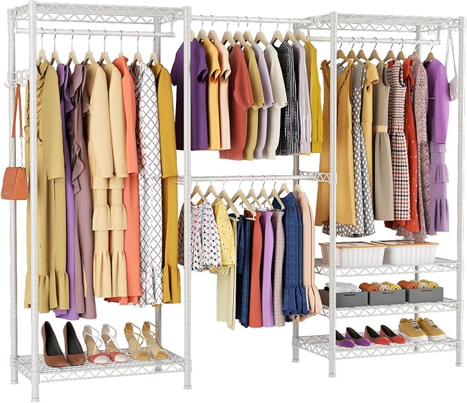 Clothes Rack, Heavy Duty Clothes Rack, Large Wire Closet Garment Rack, Freestanding Expandable Metal Clothing Rack with 4 Hanging Rods, 6 Shelves, and 4 Hangers for Hanging Clothes, White
