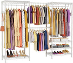 Clothes Rack, Heavy Duty Clothes Rack, Large Wire Closet Garment Rack, Freestanding Expandable Metal Clothing Rack with 4 Hanging Rods, 6 Shelves, and 4 Hangers for Hanging Clothes, White