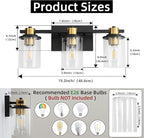 LOUSACE Bathroom Light Fixtures Black and Gold, 3 Light Bathroom Vanity Light, Modern Bathroom Light over Mirror with Clear Glass Shades, Brushed Gold Socket Wall Vanity Lighting Fixtures for Bathroom