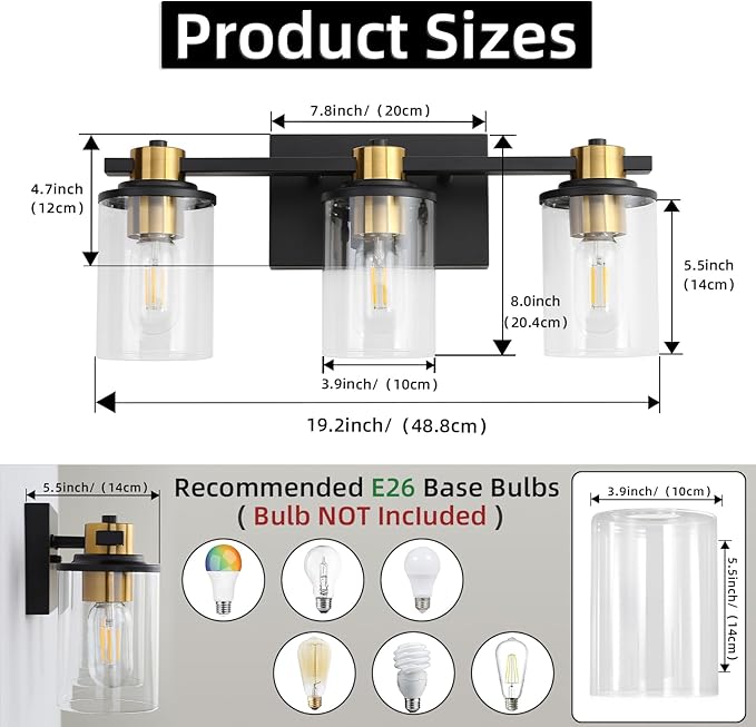 LOUSACE Bathroom Light Fixtures Black and Gold, 3 Light Bathroom Vanity Light, Modern Bathroom Light over Mirror with Clear Glass Shades, Brushed Gold Socket Wall Vanity Lighting Fixtures for Bathroom