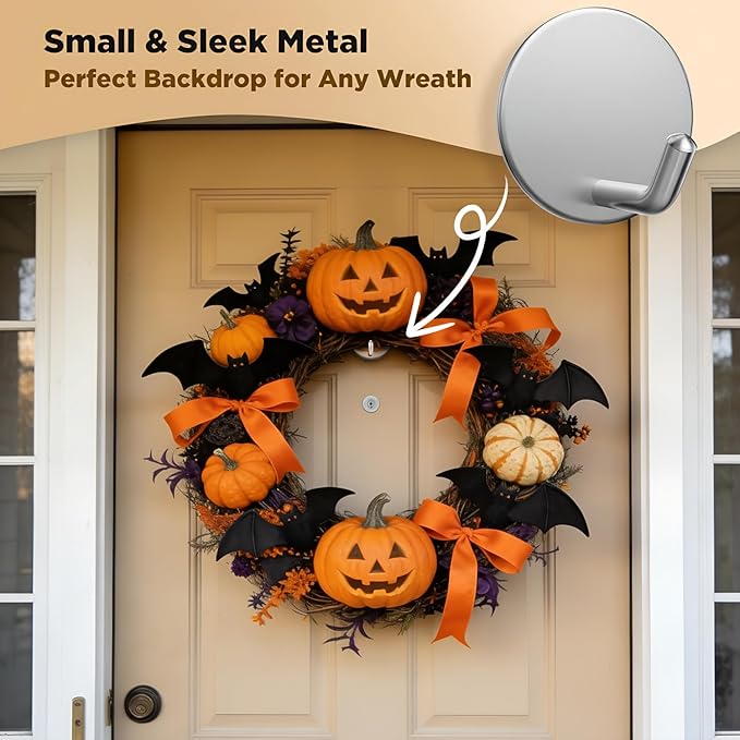 OUTXE Adhesive Wreath Hanger, Heavy Duty Reef Hook | for Front Door Glass Window | for Christmas/Thanksgiving/Halloween/July 4th/Easter/Valentine/Fall/Summer/Spring (Silver, 2 Pack)