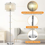 Luvkczc Crystal Floor Lamp, 64" Tall Modern Standing Lamps with Double-Layer Lampshade, On-Off Foot Switch, Silver Finish Pole Lamp for Living Room, Bedroom, Office, 8W Bulb Included