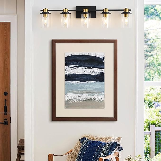 LOUSACE 5 Light Bathroom Vanity Light Black and Gold Bathroom Lighting Fixtures Over Mirror with Clear Glass, Brushed Gold Socket Wall Vanity Lighting Fixtures for Bedroom Living Room