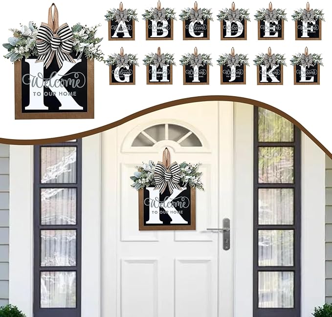 Ultra Large 14'' Last Name All Year Round Front Door Wreath with 26 Initial Letter Welcome Sign All Seasons Eucalyptus Garland and Bow Wreaths for Front Door Porch Farmhouse Decoration (K)