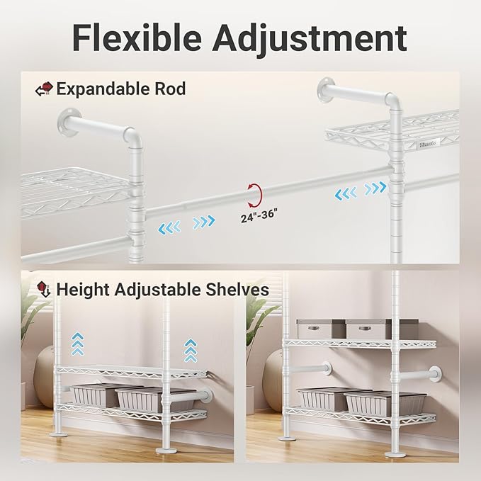 Timate U4 U Shape Garment Rack Heavy Duty for Hanging Clothes, Expandable Industrial Pipe Clothing Rack Wall Mount, Extra Large Walk in Closet System With White Kit