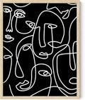 Abstract Face Pattern Wall Art Black Background White Continuous Line Drawing 16x20 Inch Oak Wood Beige Framed Modern Diverse Portrait for Living Room Decor