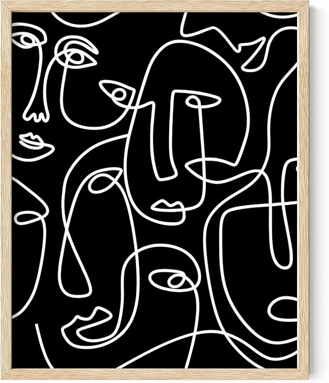 Abstract Face Pattern Wall Art Black Background White Continuous Line Drawing 16x20 Inch Oak Wood Beige Framed Modern Diverse Portrait for Living Room Decor