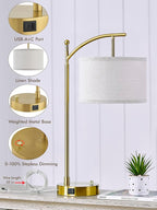 Table Lamp for Living Room Bedroom, 23.5" Table Lamps Set of 2 with USB C+A Ports, Bedside Lamps for Nightstand with Linen Lamp Shades, 2 Dimmable LED Bulbs Included, Gold