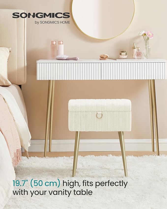 SONGMICS Vanity Stool Chair with Storage, Makeup Stool, Footrest Footstool Ottoman, Metal Legs, Adjustable Feet, for Living Room, Bedroom, Makeup Room, Cream White ULOM505WZ02