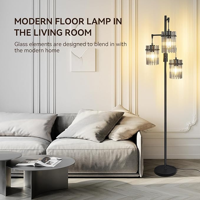 Industrial Modern Floor Lamps for Living Room, Dimmable Glass Tree Standing Tall Lamps with 3 Elegant Teardrop Cage Head & 1200 Lumens LED Bulbs for Bedroom Office (66inch Tall)