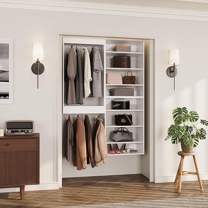 ROOMTEC Modular Closet System, 55" Wall-Mounted Closet Organizer with Hanging Rods and Shelves, Wooden Tower for Walk-In Closets, Wardrobe Storage Kit, White