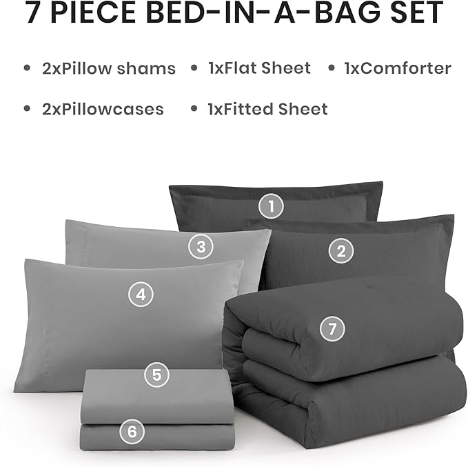 Monbix California King Comforter Set - 7 Pieces Cationic Dyeing Dark Grey Bed in a Bag Cal King Bed Sets with Comforter, Sheets, Pillowcases & Shams, Reversible Bedding Comforters Sets