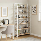 JSB Folding Bookshelf,Industrial Storage Shelves, No Assembly Vintage Wood Look Bookshelf with Storage Shelves for Living Room, Bedroom, Office (White, Wide 6-Tier)