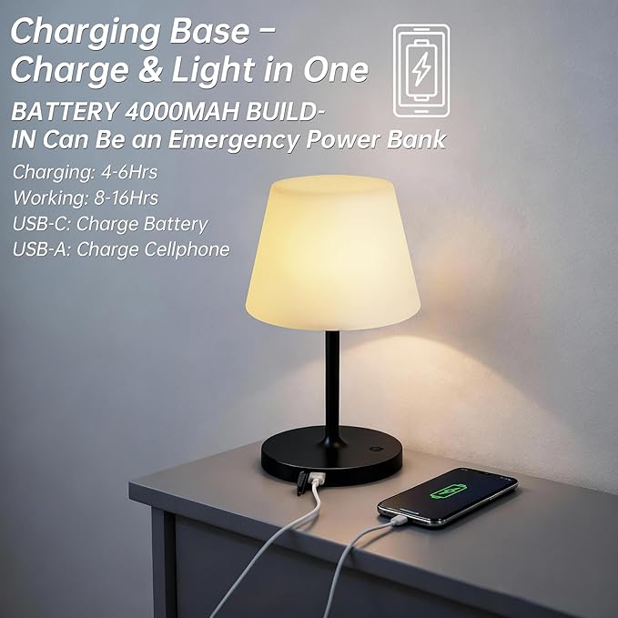 Waterproof Rechargeable Table Lamp - Portable Cordless Desk Lamp with 8 RGB Colors,4000mAh Outdoor Stepless Dimmable LED Night Light for Bedroom, Living Room,Camping Restaurant,Office (Black)