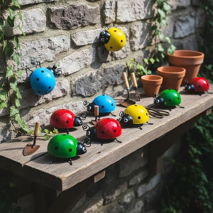 Cute Colorful Ladybug Metal Garden Decor, Set of 8 (4 Colors*2) Outdoor Yard Art, Lawn Ornaments, Fence & Patio Wall Sculptures, for Mom, Housewarming