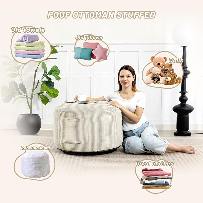 Round Stuffed Pouf Ottoman,Corduroy Foot Rest with Rebound Foam Filled, Furry and Fluffy Foot Stool Ottoman,26"*18" Floor Poufs for Living Room (Beige, 26" D x 26" W x 18" H)