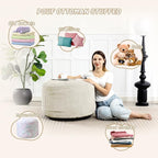 Round Stuffed Pouf Ottoman,Corduroy Foot Rest with Rebound Foam Filled, Furry and Fluffy Foot Stool Ottoman,26"*18" Floor Poufs for Living Room (Beige, 26" D x 26" W x 18" H)
