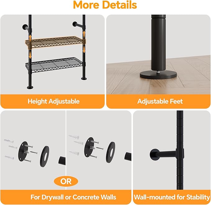 W4 Industrial Pipe Clothing Rack Wall Mounted Closet System Expandable Clothes Rack for Hanging Clothes, Heavy Duty Garment Rack Adjustable for Walk in Closet, Black