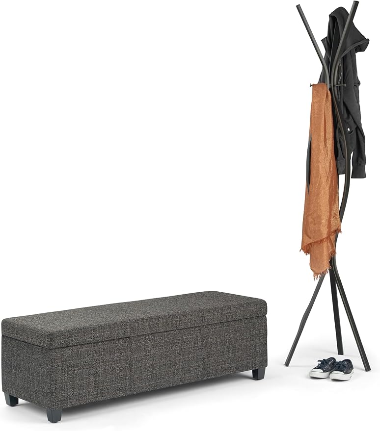 SIMPLIHOME Avalon Storage Ottoman Bench - 48 inch Wide Upholstered Tweed Look Fabric Rectangular Lift-Top Ottoman in Dark Grey, Contemporary Storage Bench for Living Room with High-Density Foam