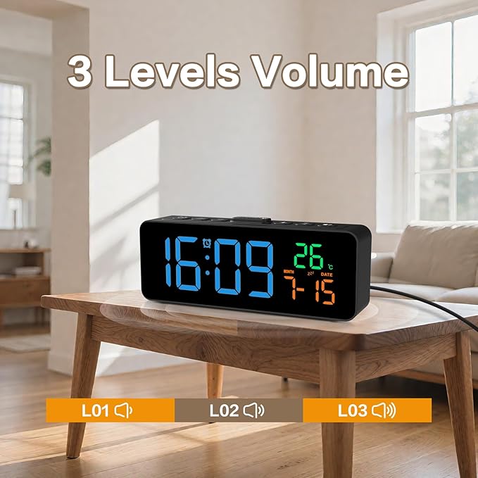 Netzu 3-in-1 Digital Clocks for Living Room with Temperature, Date & Time Display - 4 Levels Birghtness, 3 Volumes, Small & Compact Plug-in Alarm Clock for Bedroom, Office (Blue)