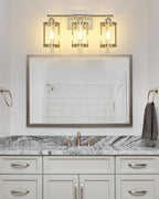 3-Light Brushed Nickel Bathroom Light Fixtures, 21 Inch Modern Bathroom Vanity Lighting Fixtures Over Mirror with Clear Glass and Metal Cage Wall Sconce Lights for Bath, E26, OS-3014BN-3W