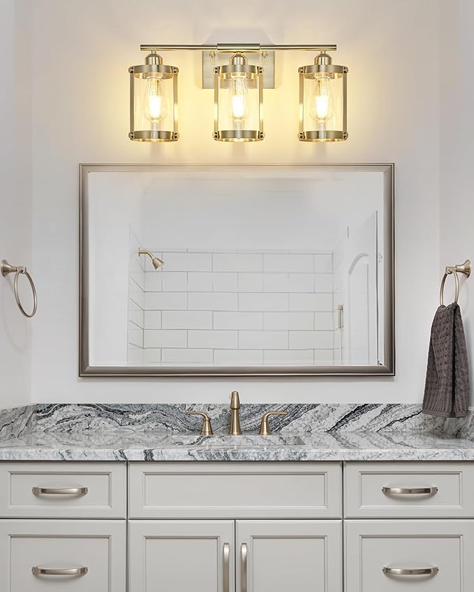 3-Light Brushed Nickel Bathroom Light Fixtures, 21 Inch Modern Bathroom Vanity Lighting Fixtures Over Mirror with Clear Glass and Metal Cage Wall Sconce Lights for Bath, E26, OS-3014BN-3W