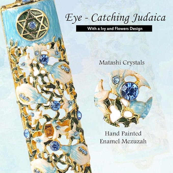 Matashi 6" Hand Painted Enamel Mezuzah Embellished with a Ivy and Flowers Design with Gold Accents Blue Crystals