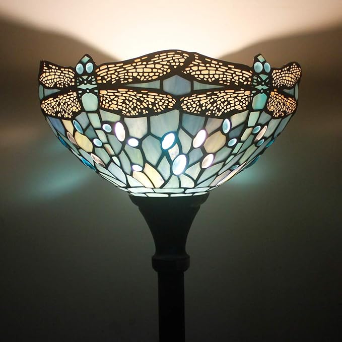 WERFACTORY Tiffany Floor Lamp Sea Blue Stained Glass Dragonfly Light 12X12X71 Inches Pole Torchiere Standing Corner Torch Uplight Decor Bedroom Living Room Home Office S147 Series