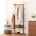 Coat Rack Freestanding Clothing Rack with Wheels & 2 Shelves Storage & 5 Hooks Heavy Duty Clothes Rack Wood Coat Tree Stand Hat Hanger Rack for Corner Bedroom Entryway Living Room Hotel Size L