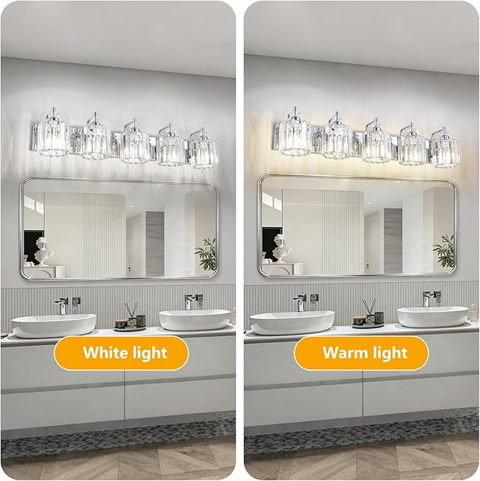 5-Light Modern Bathroom Light Fixture Chrome Bathroom Vanity Lights Over Mirror Wall Sconce Lighting with K9 Crystal Shades E26 Base for Bedroom, Living Room, Hallway Wall Lamp
