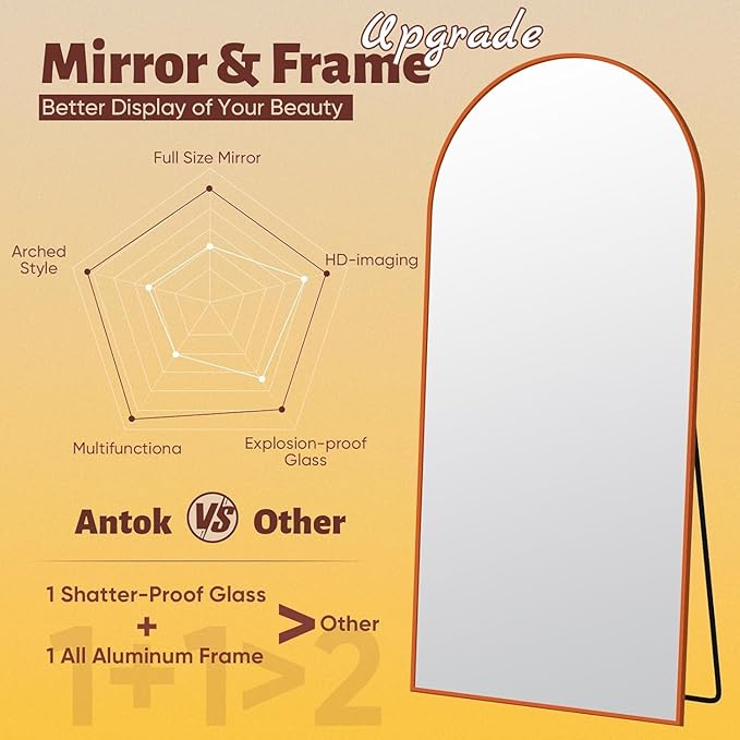 Antok Full Length Mirror, 58"x18" Floor Mirror, Arched Floor Standing Freestanding Arch Full Body Mirrors with Stand for Bedroom, Hanging Mounted for Living Room Cloakroom,Orange