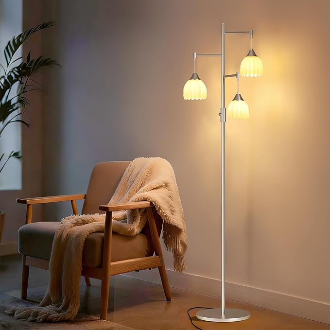 Dimmable Floor Lamp for Living Room, Bedroom, Nickel Standing Lamp with 3pcs 6W Bulbs, Vintage Floor Lamps for Corner, Nursery (White Tulip)