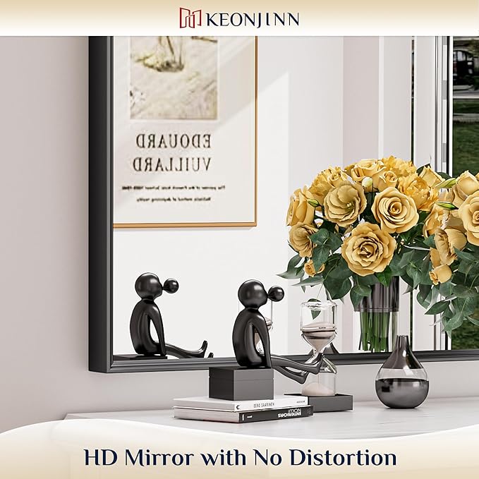Keonjinn Black Mirror for Bathroom 24 x 36 Inch, Stainless Steel Framed Wall Mounted Mirrors, Anti-Rust, HD Tempered Glass, Shatter-Proof, Rectangle Bathroom Vanity Mirror, Modern Style Frame