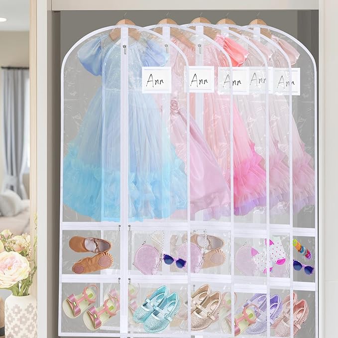 14 Pcs Garment Bags for Dance Costumes Clear PVC with Zippers 24 x 50 Inch Suits Bag with Pockets Dance Costume Organizer Carrier for Storage Cover for Adult(Fully Transparent White,Classic)
