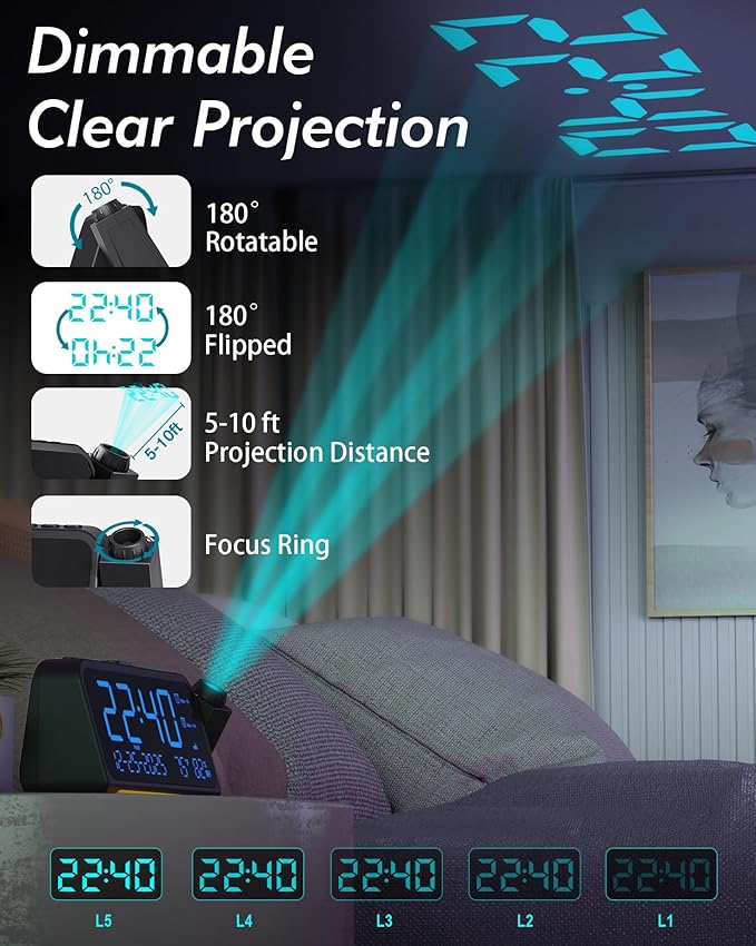 Roxicosly Projection Alarm Clock for Bedroom Ceiling, 118 dB Super Loud for Heavy Sleepers, 6.7" Large Digital Dimmable Display with Day Date Indoor Temp Humidity, Dual Alarms Adjustable Volume
