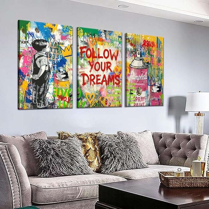 Novatique Banksy Canvas Wall Decor Street Graffiti Wall Art Colorful Cool Painting Graffiti Poster Canvas Print for Bedroom Bathroom,24" x 36" x 3pcs