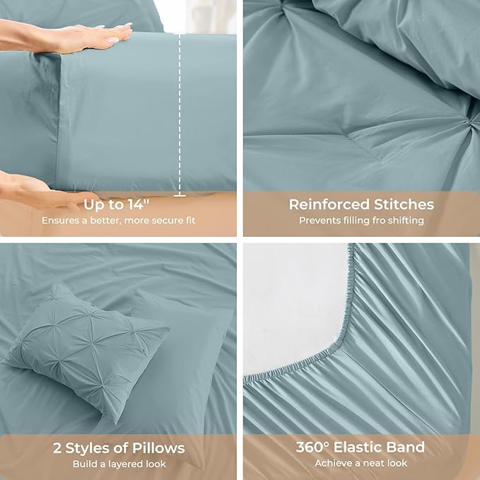 Sasttie Twin XL Comforter Set, 5-Piece Bed in a Bag, Pintuck Bedding Sets for All Season, Includes Comforter, Flat Sheet, Fitted Sheet, Pillowcase and Pillowsham, Greylish Blue