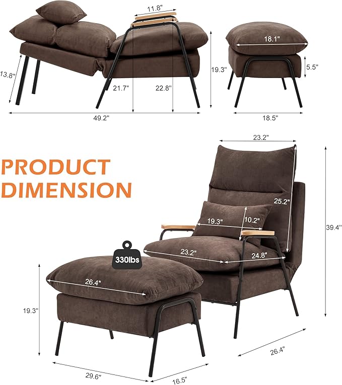 MCombo Accent Recliner Chair with Ottoman, Modern Fabric Armchair, Upholstered Sofa Bed for Living Room Bedroom, Small Space 4055 (Black Frame, Brown)