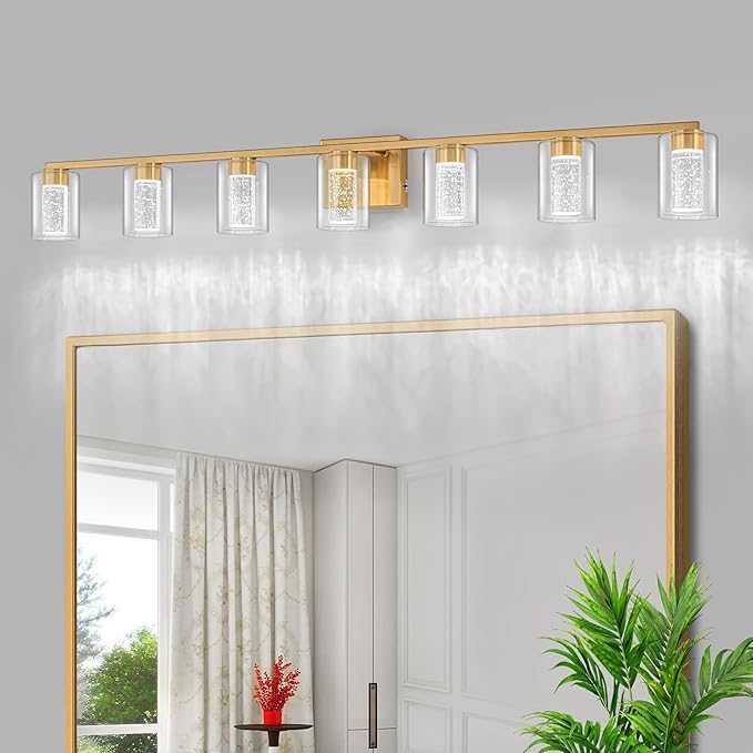 SineRise 7-Light Gold Vanity Light with 3 Color Modes (3000K/4000K/6000K), Eye Protection LED Bathroom Light Fixture, Dimmable Modern Wall Light Over Mirror with Clear Glass Shade