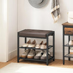 HOOBRO Small Shoe Bench, 3-Tier Shoe Rack, Shoe Storage Bench with PU Seat Cushion, Entryway Shoe Rack Bench with Metal Mesh Shelves, Freestanding Shoe Organizer for Hallway, Brown CB33HX01