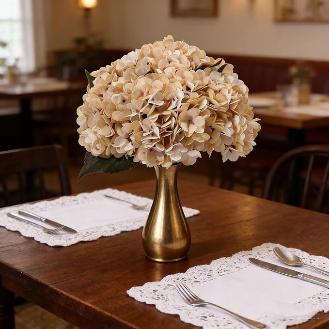 Kimura's Cabin 6pcs Cream Fake Hydrangea Flowers Artificiales Bouquets Faux Silk Hydrangea with Stems for Home Wedding Party Table Core Decoration (Beige)