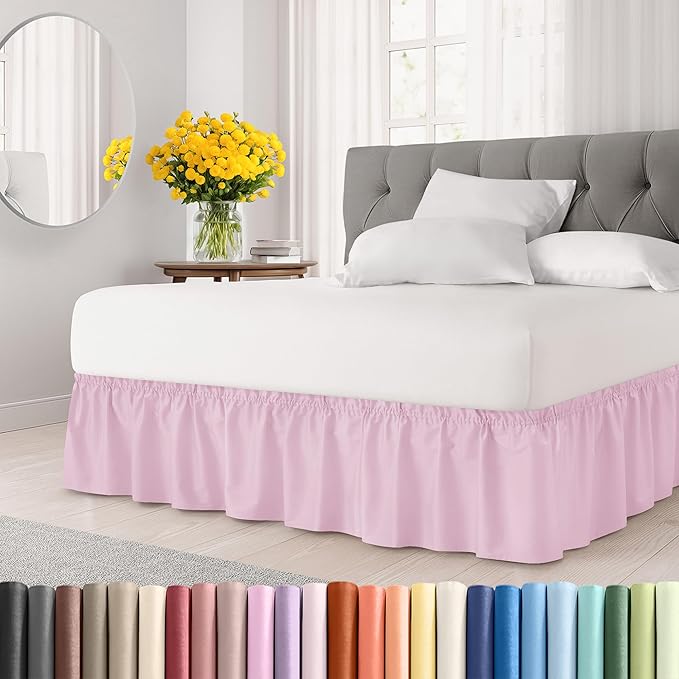 Wrap Around Dust Ruffle Bed Skirt - Light Pink - Twin/Twin XL Size Beds with 18 Inch Drop - Elastic Strap - Adjustable Pleated Bedskirt with Brushed Fabric and Wrinkle Free - Women, Men, Kids & Teens