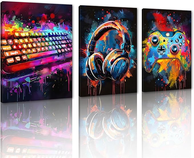 Novatique Cool Gaming Wall Art Graffiti Wall Art for Bedroom Colorful Video Game Wall Decor Gamepad Headphones Canvas Print for Teenager Room,12" x 16" x 3Pcs