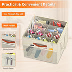 Aokeyee 2 Pack Shoe Organizer for Closet, Foldable Shoe Storage Organizer Box w/Clear Cover and Reinforced Handles, Space Saving Shoes Bin Fits up to 32 Pairs, Beige